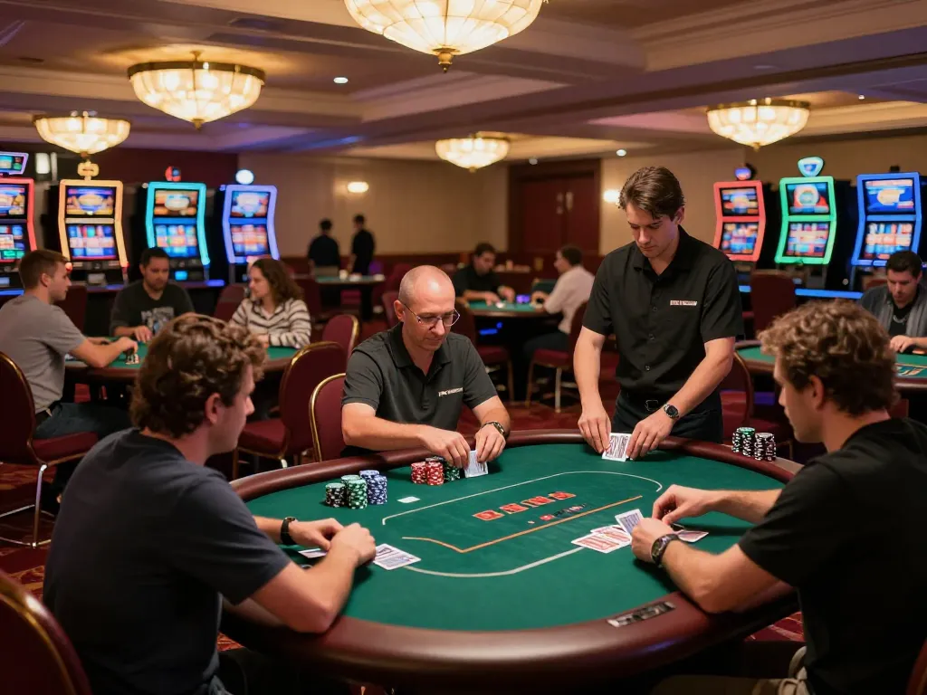 Players enjoy strategic poker action at BK8 casino with vibrant lighting and luxurious decor.