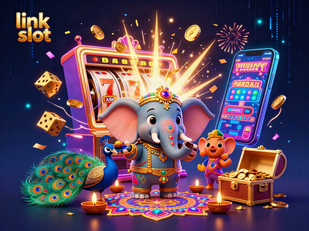 Experience the thrill of link slot with vibrant slot machines and festive elements in this 3D illustration.