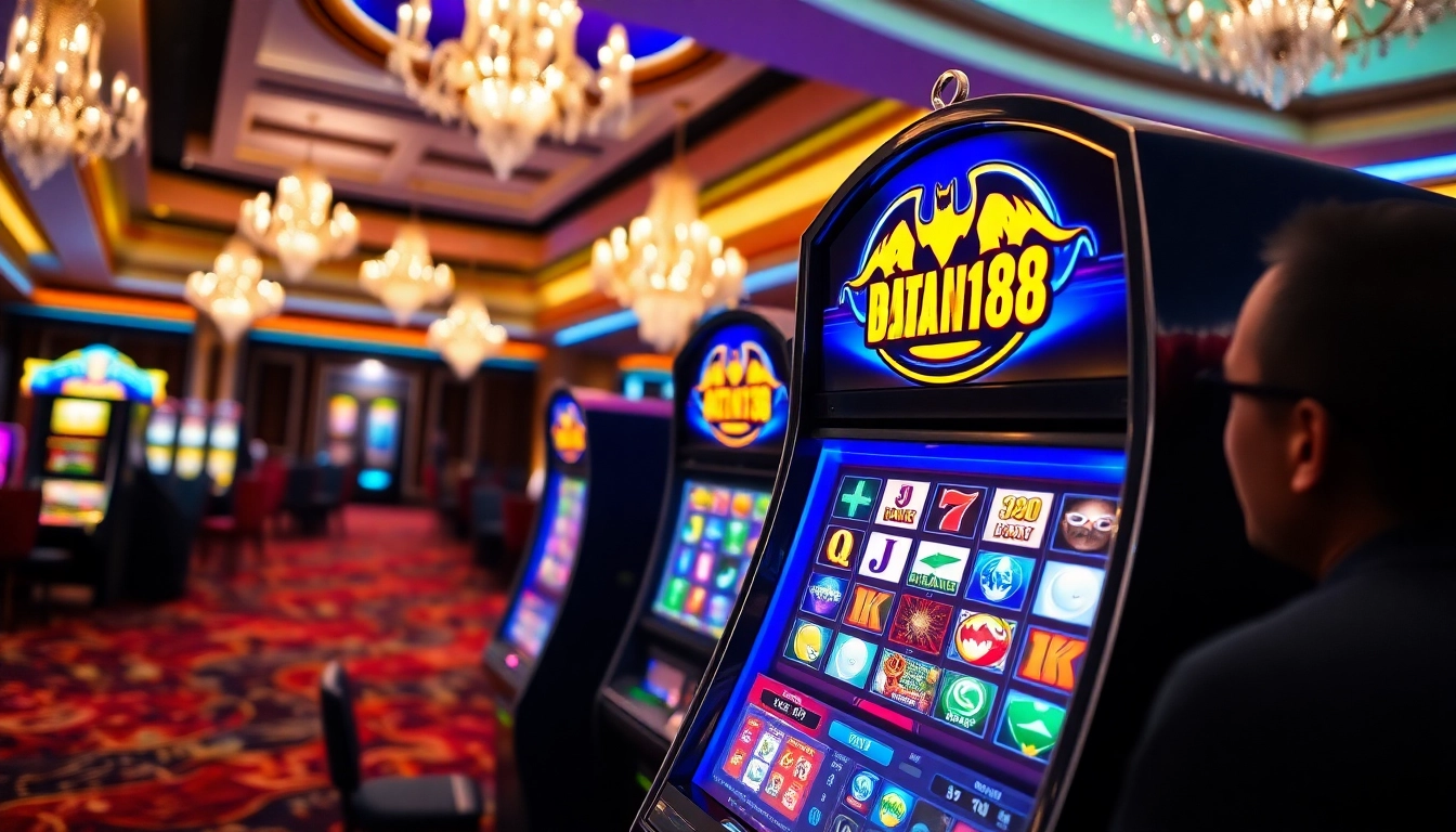 Memperlihatkan slot batman138 dengan desain menarik di casino yang elegan, menarik perhatian pemain.
