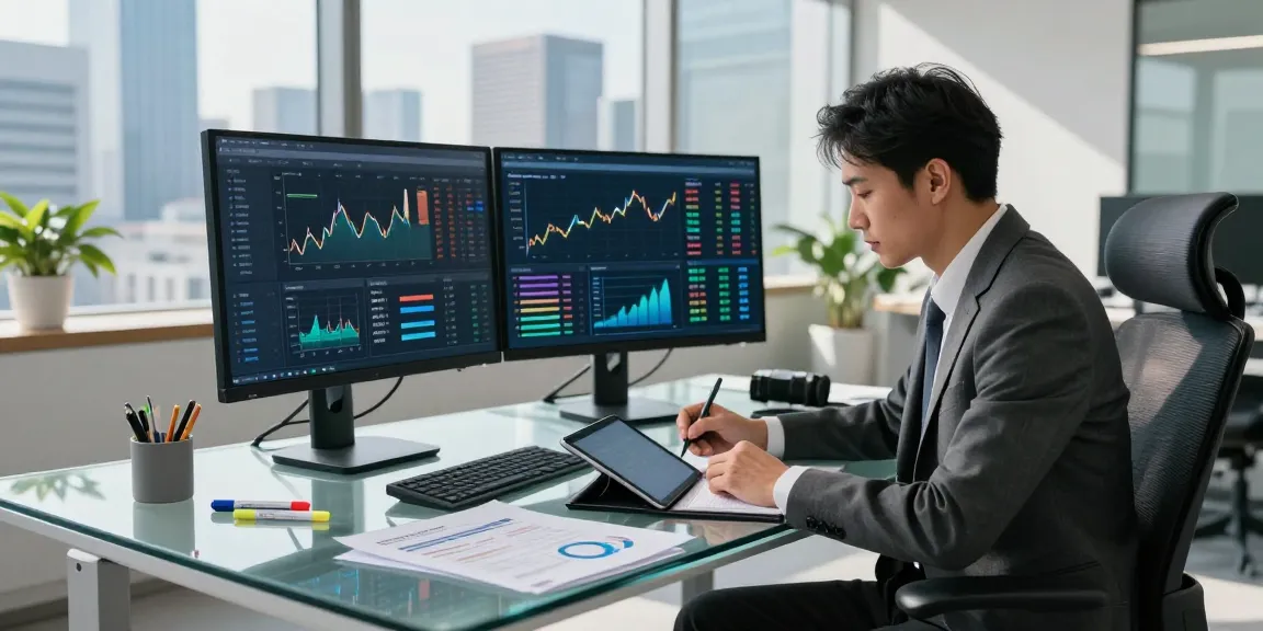Analyzing financial crime intelligence data in a modern office with dual monitors and city skyline view.