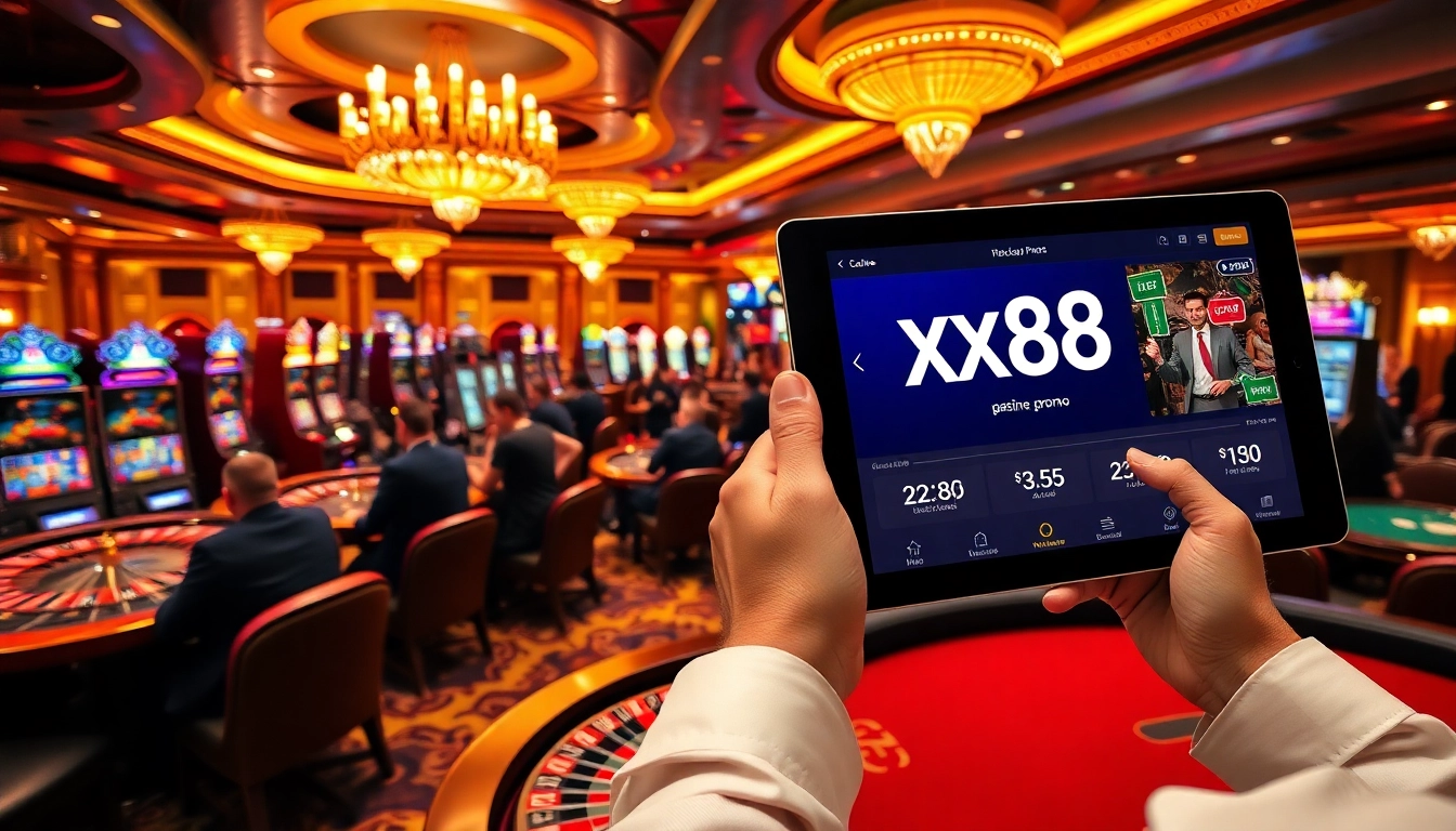 Excited gamblers enjoying the vibrant casino experience at https://xx88.promo/ with slot machines and table games.