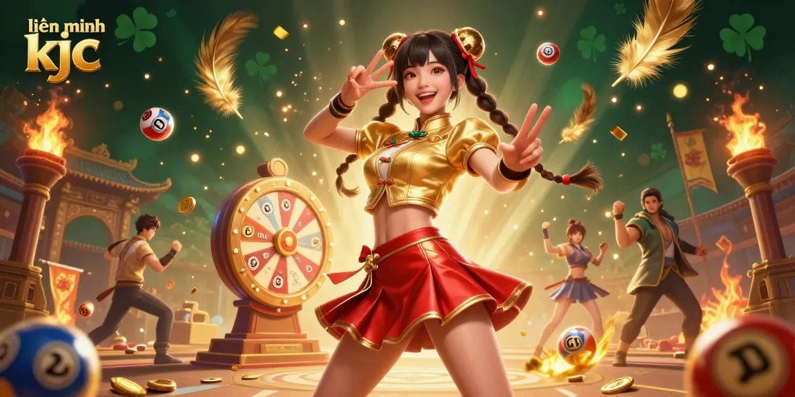 Play exciting games with liên minh kjc in a vibrant casino atmosphere featuring an Asian woman in a golden jacket.