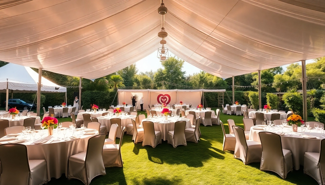Elegant corporate event rentals showcasing tables and tents in an outdoor setting.