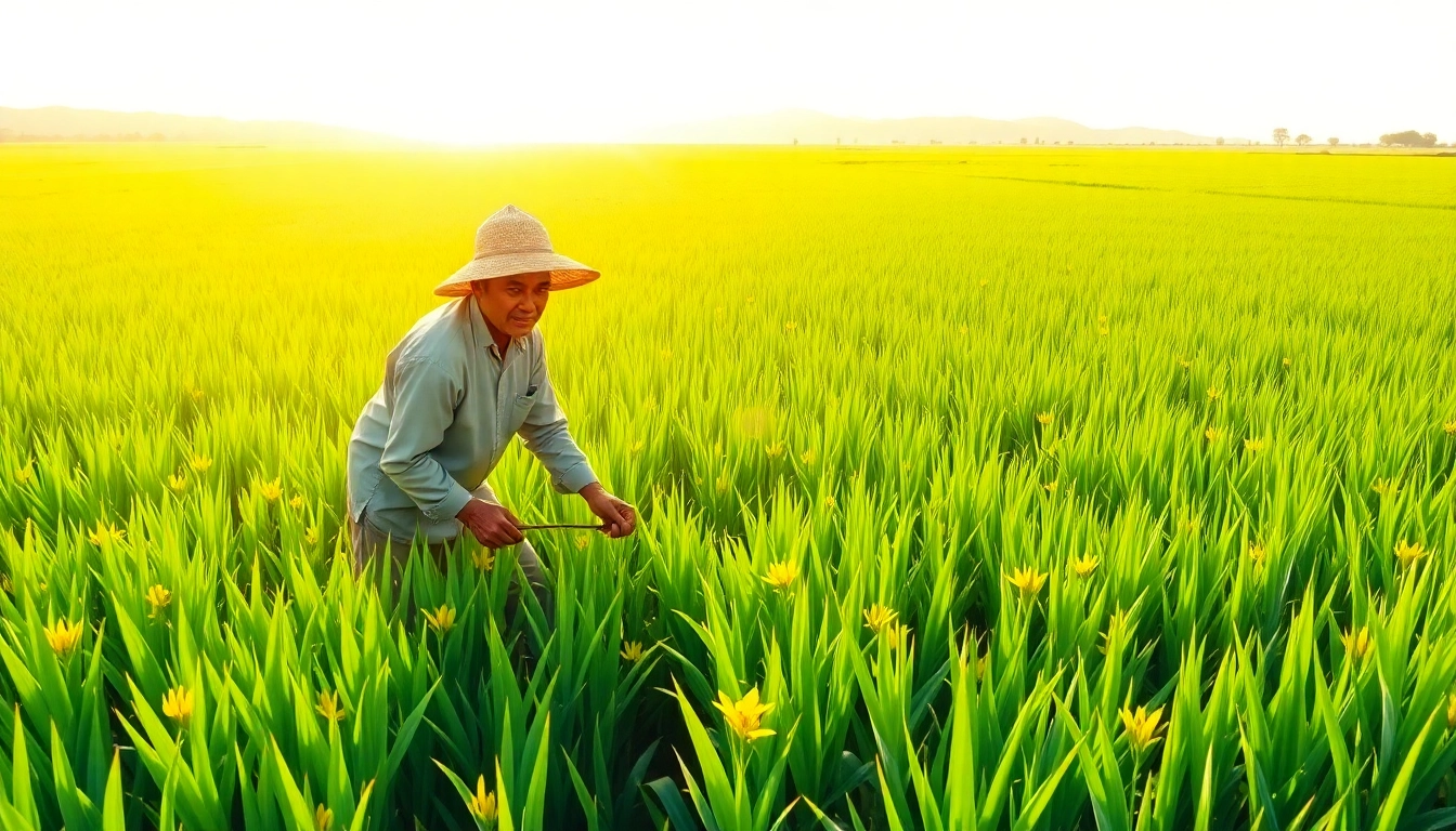 Petani toto tengah bekerja di ladang padi yang hijau dan subur.