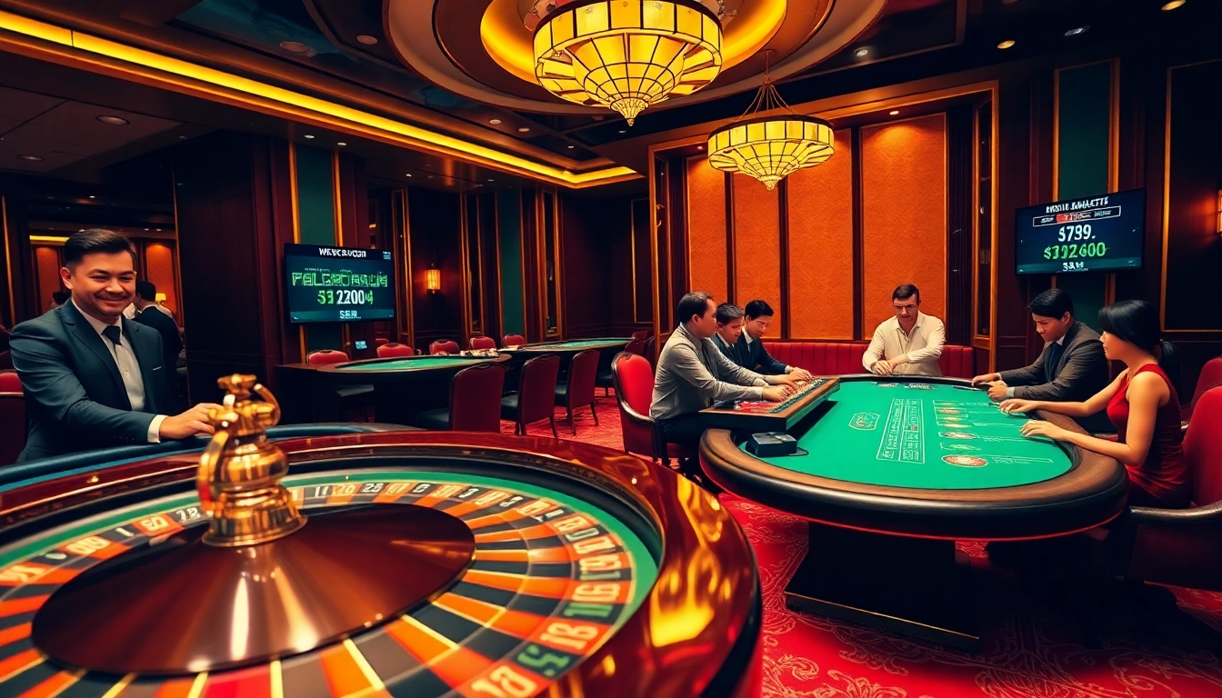 Exciting gambling scene at nhà cái sa88 with casino tables and players.