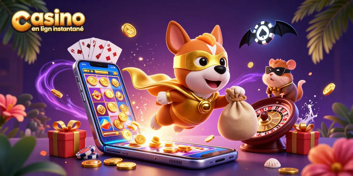 Visualisez une scène dynamique avec un chien super-héros et un hamster, représentant le concept de casino en ligne retrait instantané.