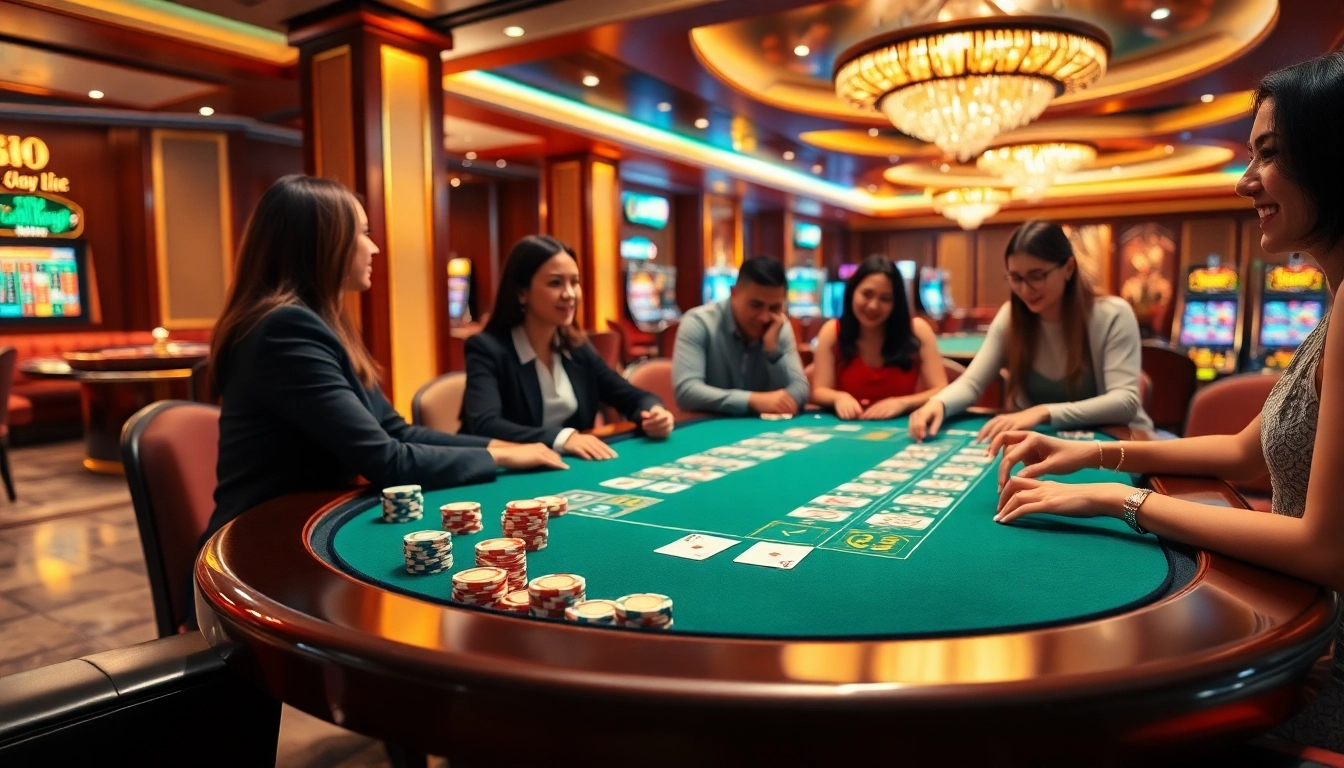 Engaging gamblers at Trang chủ Go99 with a vibrant casino scene featuring poker and roulette games.