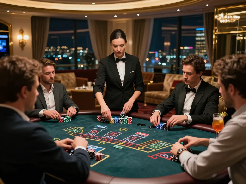 56WIN blackjack players strategizing bets at an upscale casino table