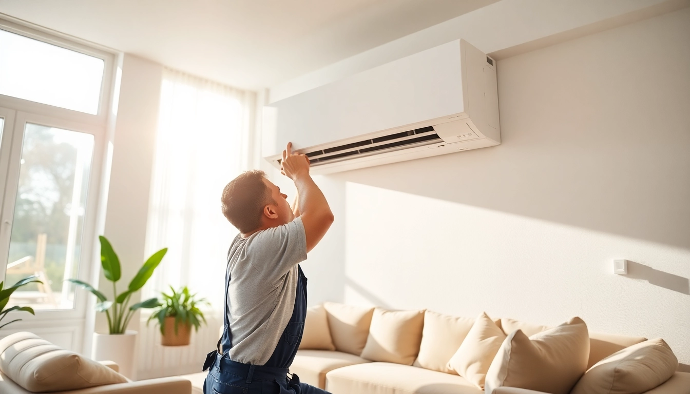 Technician installing a mini split ac in a modern living room, ensuring optimal air flow.