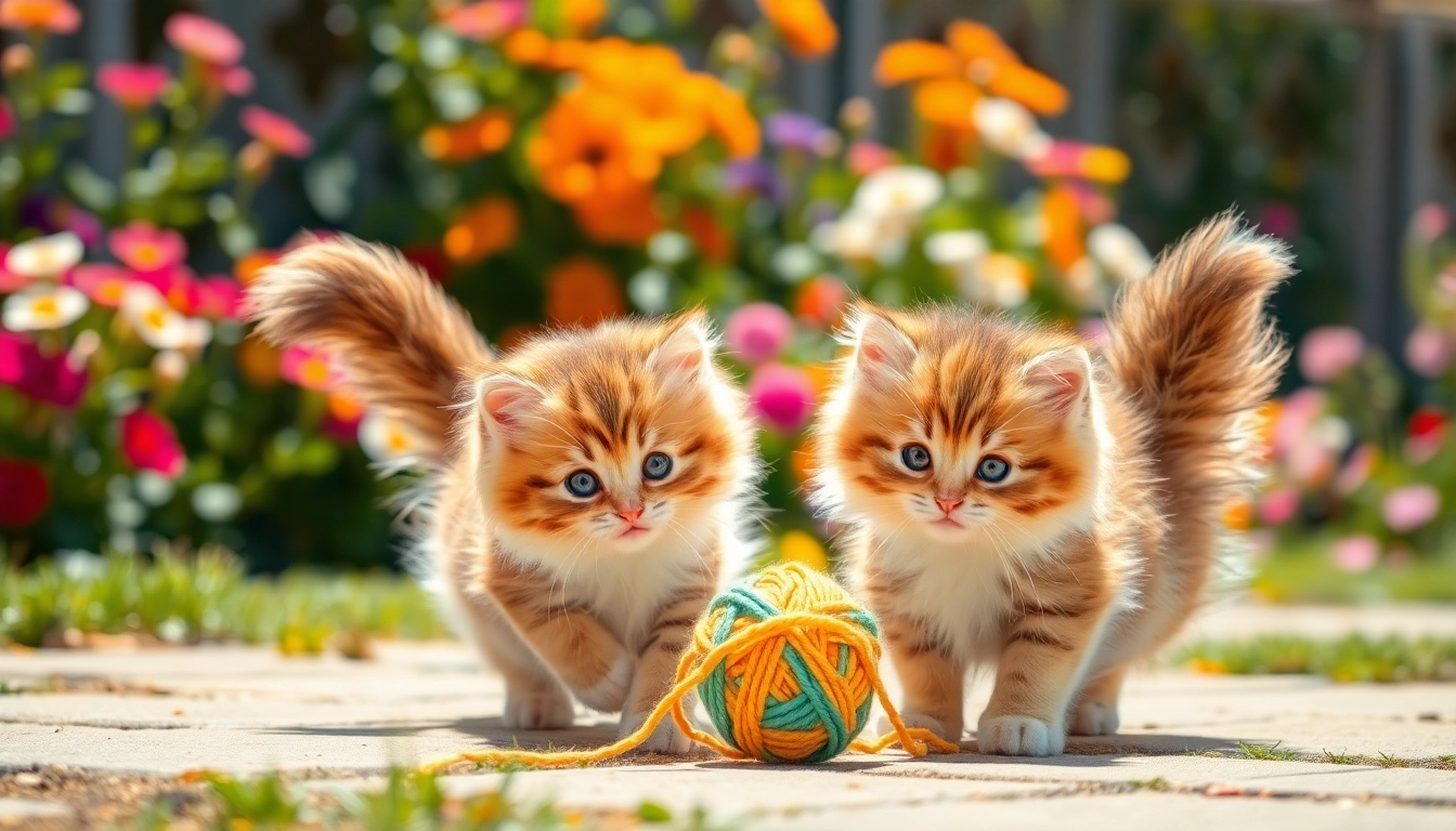 Maine Coon kittens for sale Northern California playfully engaging with a yarn ball in a vibrant garden.