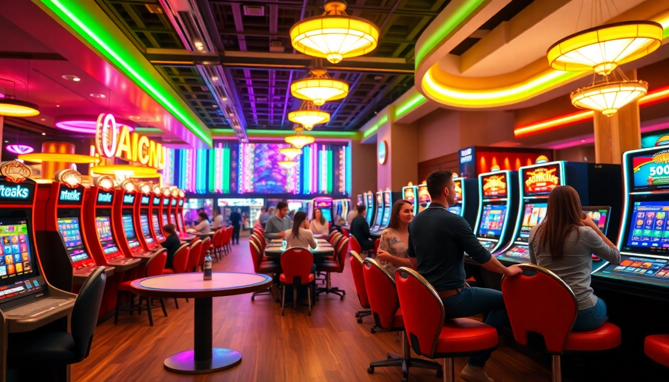 Engaging online casino Uk scene showcasing vibrant gaming tables and excited players.