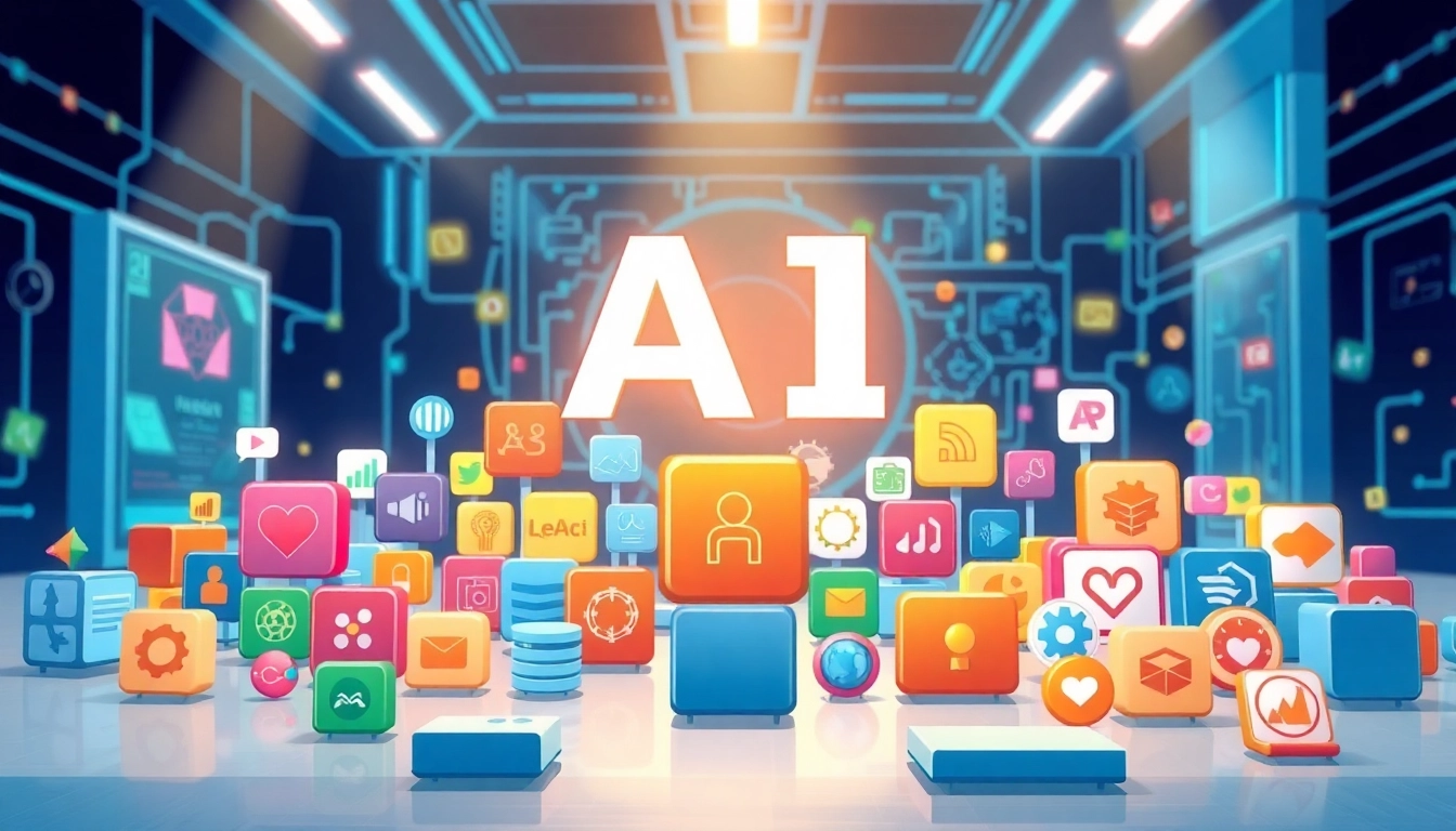 Showcasing a vibrant ai tool marketplace with diverse AI application icons representing efficiency.