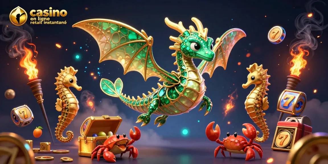Jeux dans un casino en ligne retrait instantané avec un dragon marin 3D et des éléments de machine à sous.