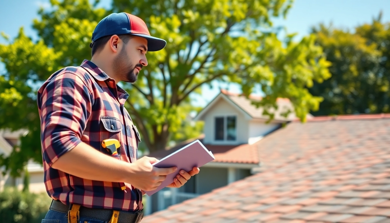 Expert on a residential roof showcasing high-quality roofing solutions with a bright blue sky.