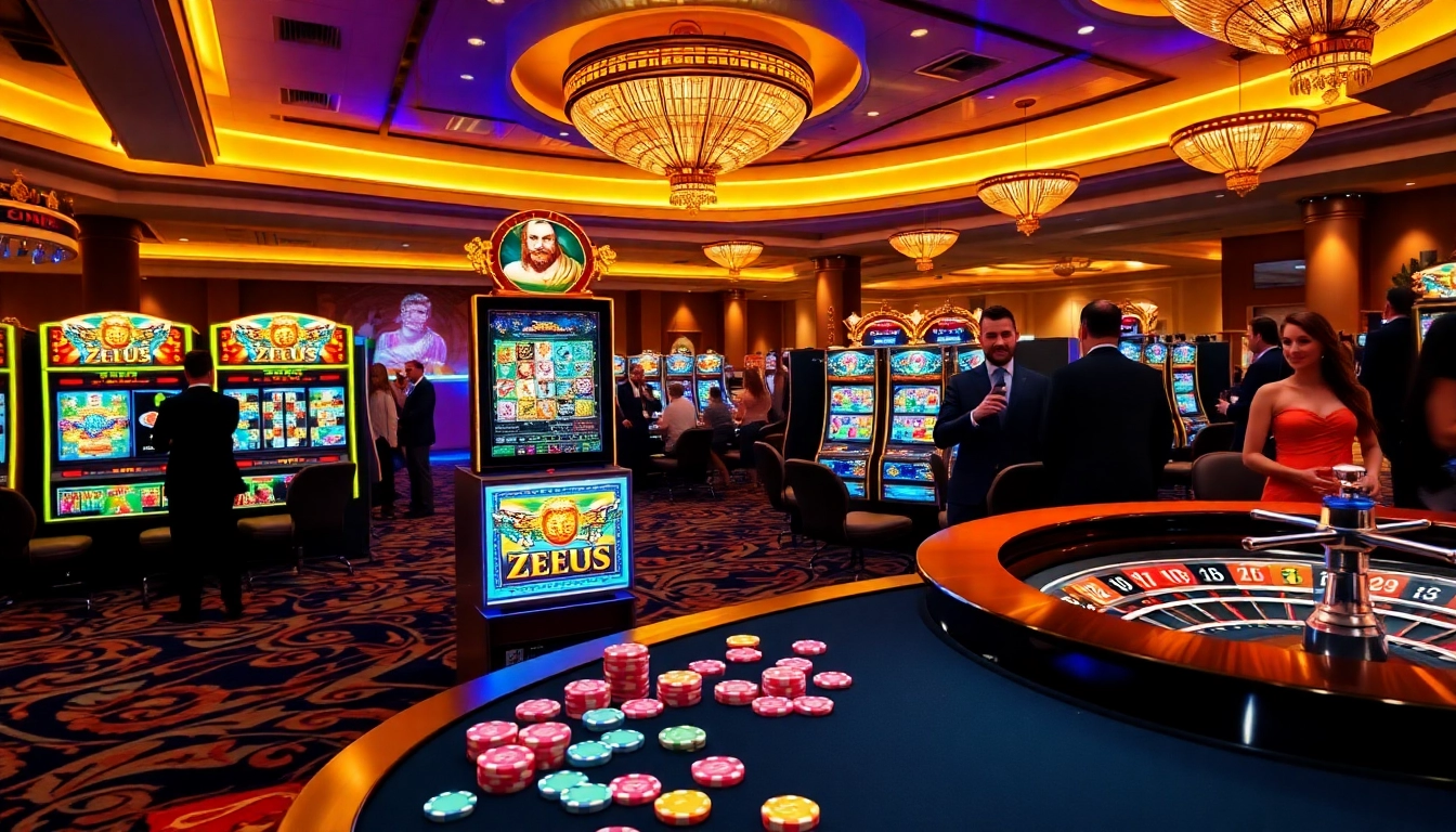 Menang pada mesin slot Zeus di lantai kasino yang penuh warna.