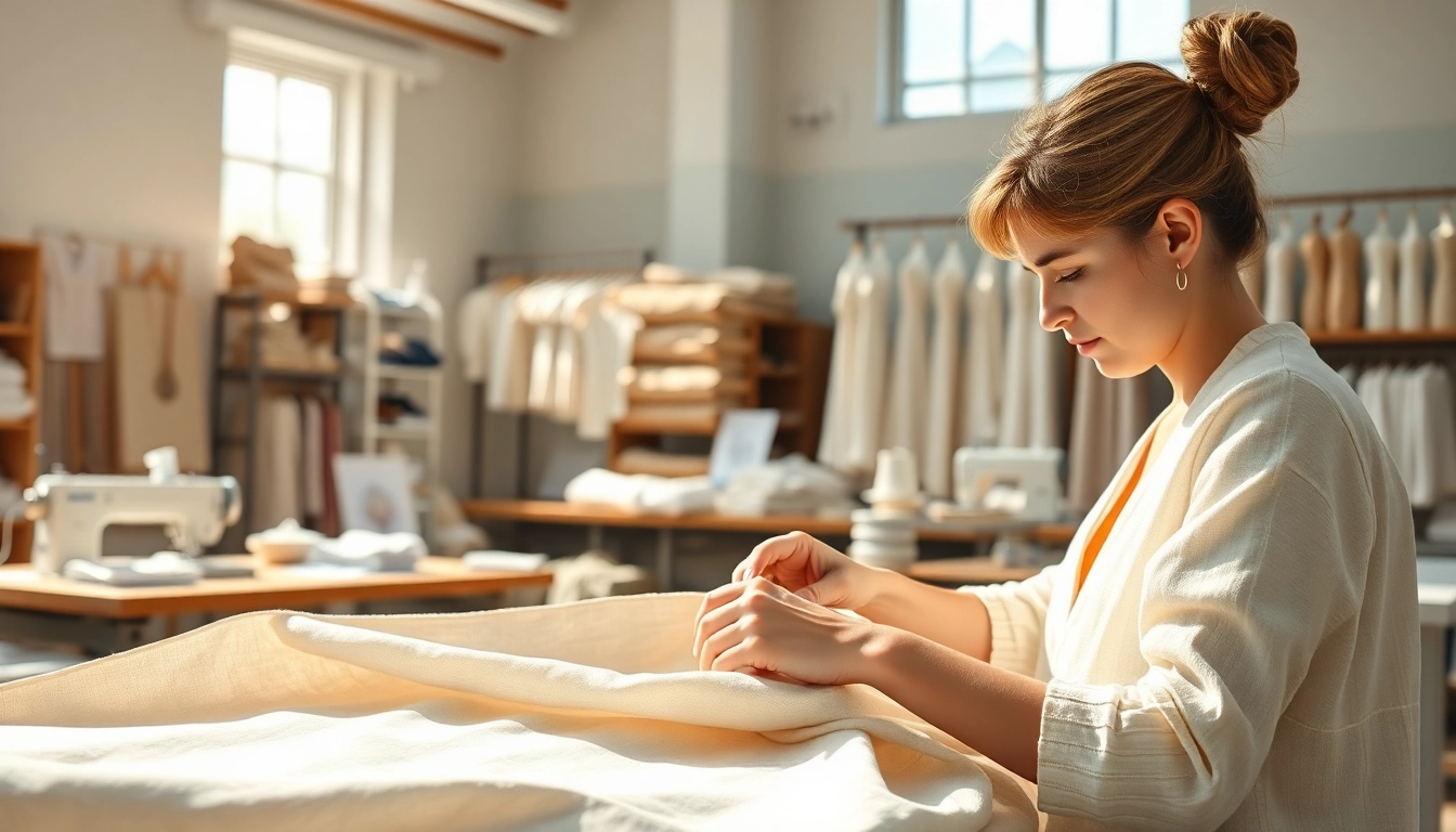Linen clothing manufacturer showcasing artisans crafting linen garments in a sunlit workshop.