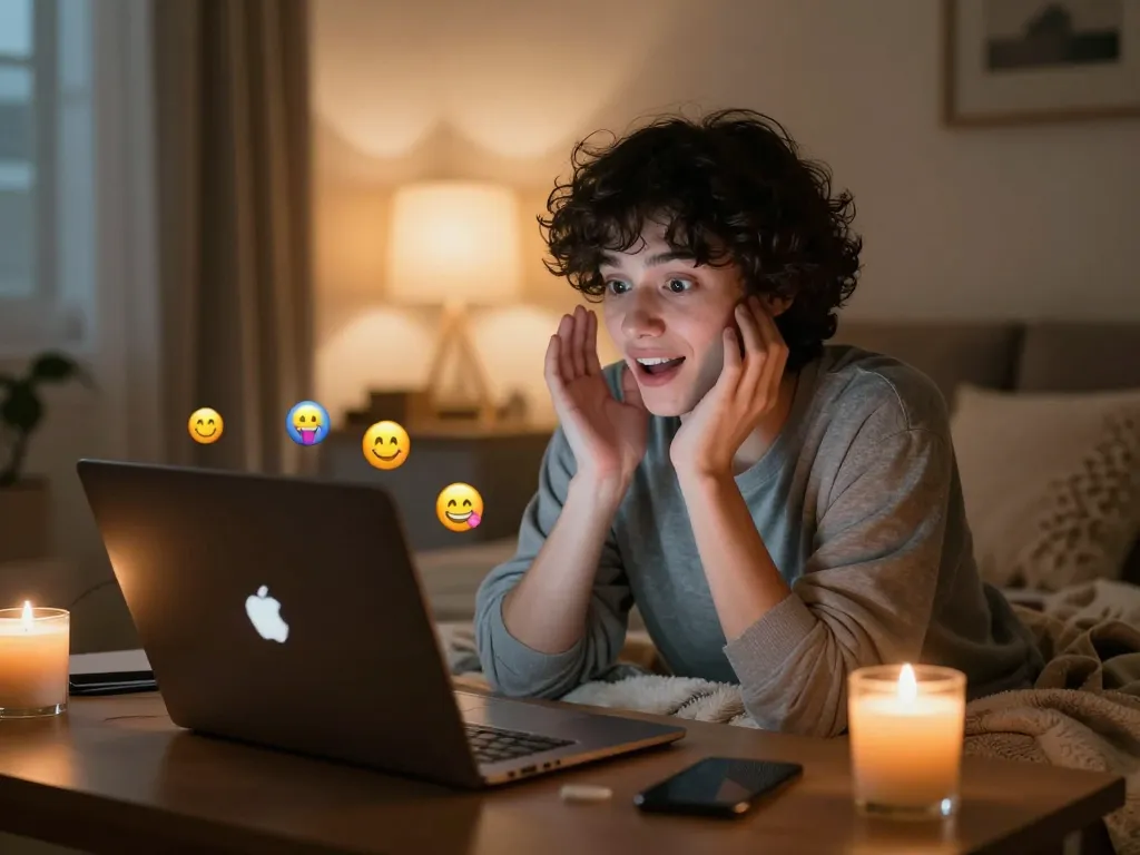 Engaging in ai sex chat with a friendly AI chatbot in a cozy room.