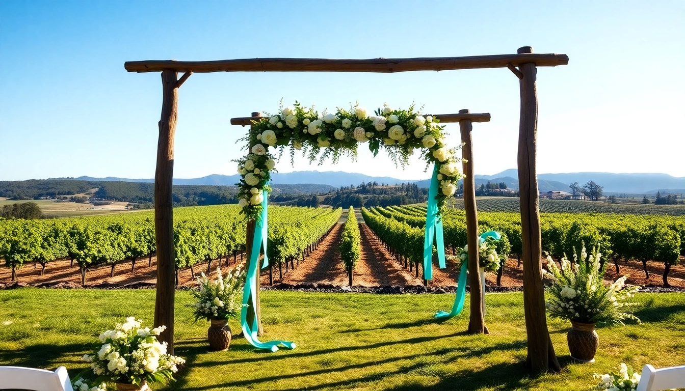 Beautiful outdoor wedding venues northern California with rustic altar surrounded by vineyards.