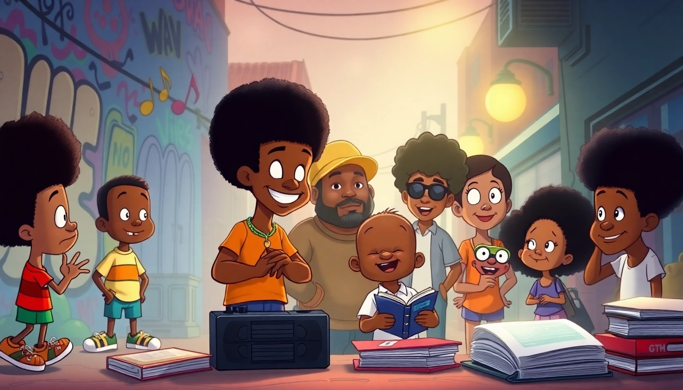 Amazing diverse African American cartoons characters celebration, representing iconic styles and joyful energy.