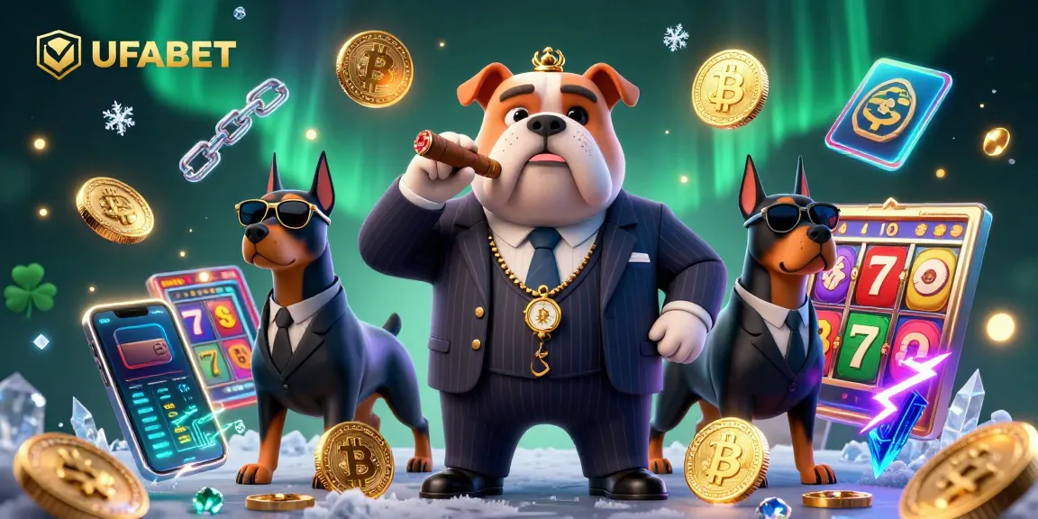 Bet on UFABET with a vibrant scene of a mafia bulldog and Dobermans amidst glowing crypto coins and slot elements.
