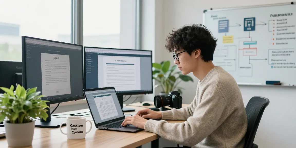 Detect PDF fraud in a modern tech workspace with an analyst reviewing documents and software tools for verification.