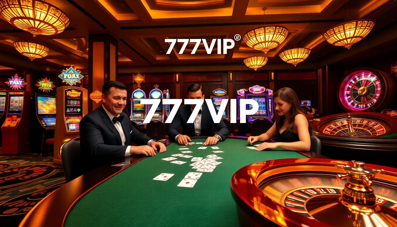 Experience high-stakes gaming at 777VIP with vibrant slot machines and elegant poker tables.