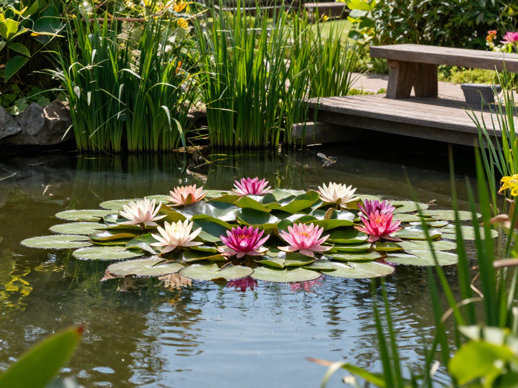 Water lilies blooming beautifully on a serene pond, surrounded by lush greenery and gentle sunlight.