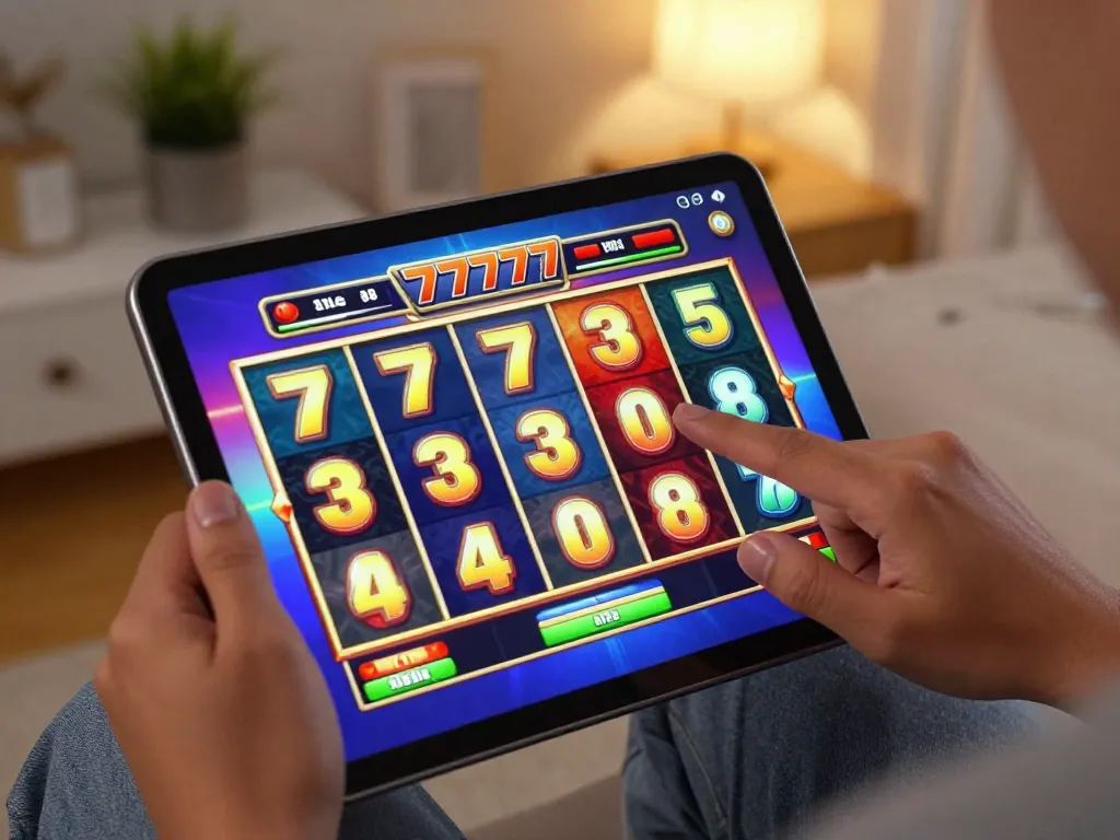 Engaging in the thrilling slot777 gacor online gaming session on a tablet, showcasing vibrant reels and action.
