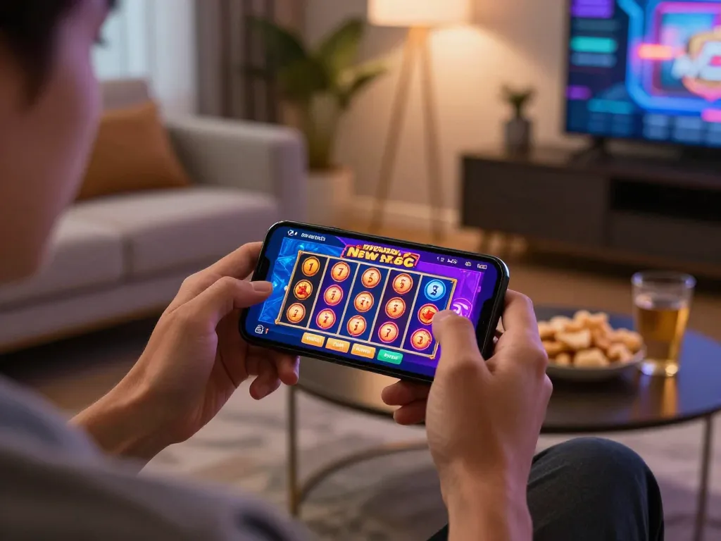 Playing slot bonus new member on a mobile app in a cozy setting with engaging graphics