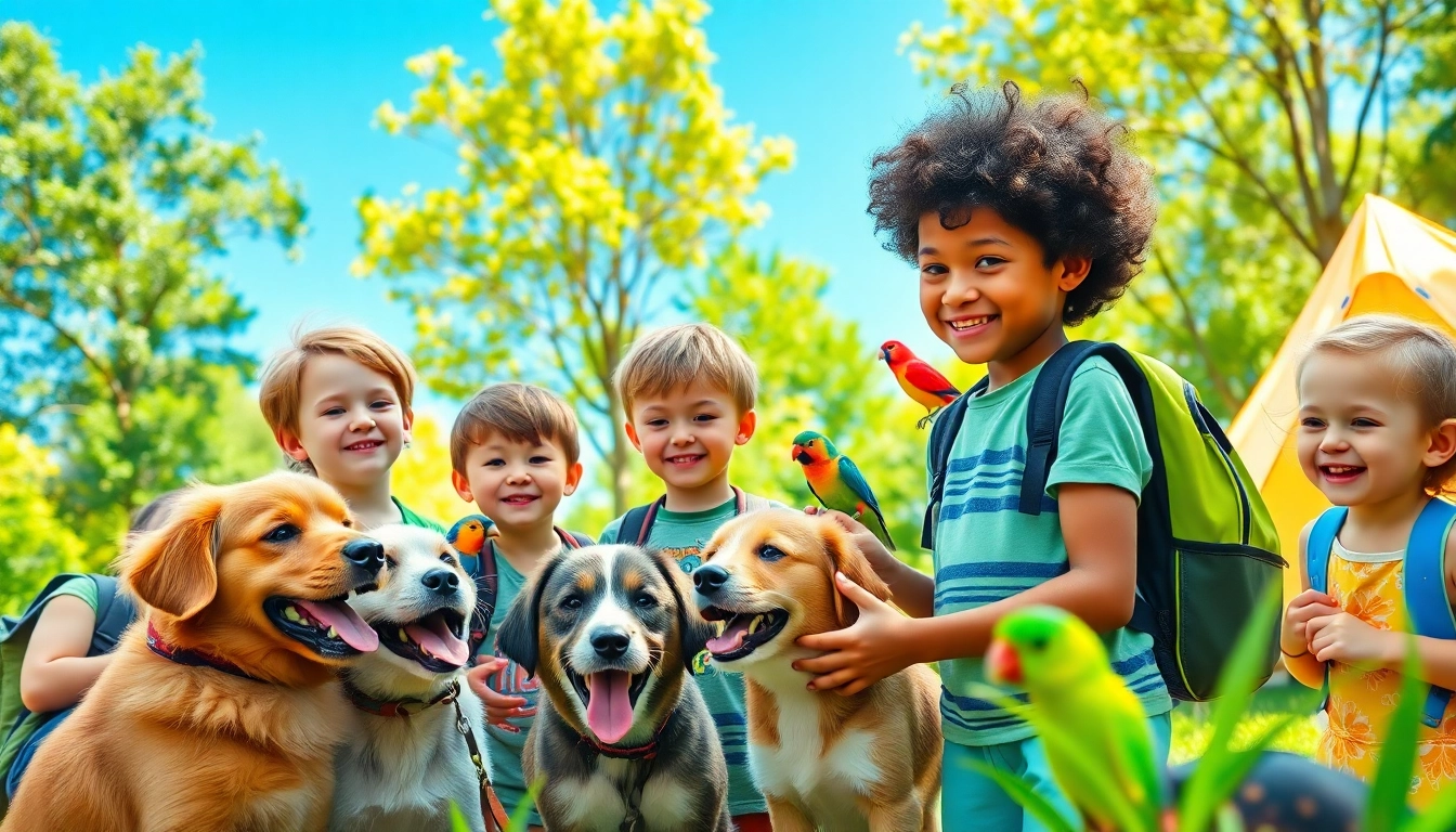 Children participating in animal summer camps for kids, interacting with various animals in a joyful outdoor camp.