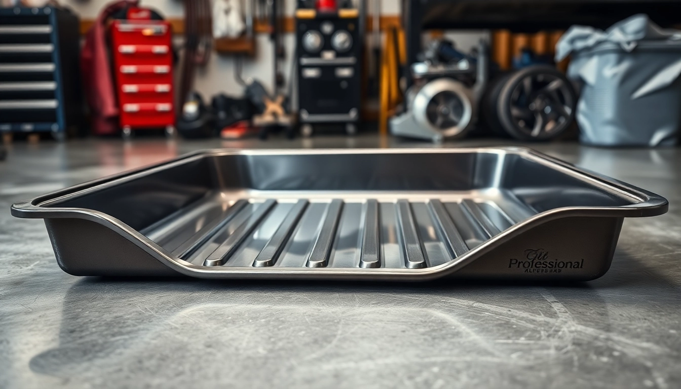 Capture oil drain pan's sleek design and functionality in a garage setting.