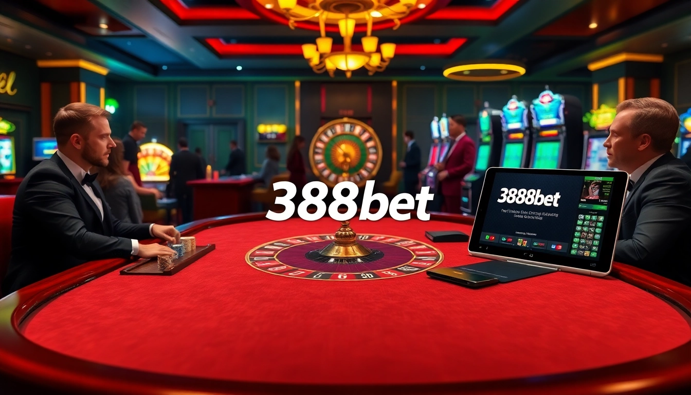 Engage with the thrilling atmosphere of casino excitement at 388bet featuring a poker table and roulette wheel.