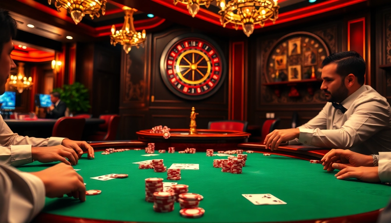 Permainan poker yang menarik di meja kasino menampilkan elemen idn play dan suasana yang hidup.