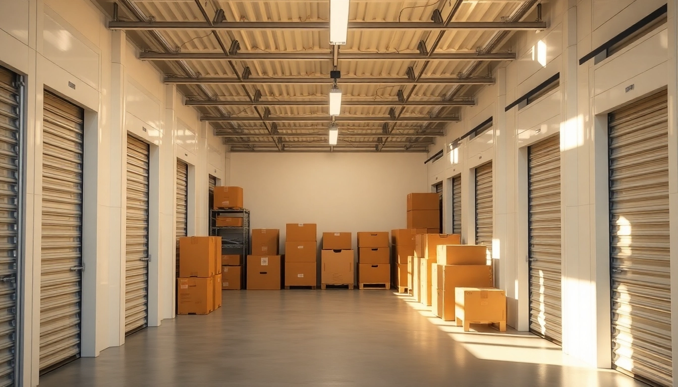 Organized self storage units showcasing various packed items in a well-lit warehouse.