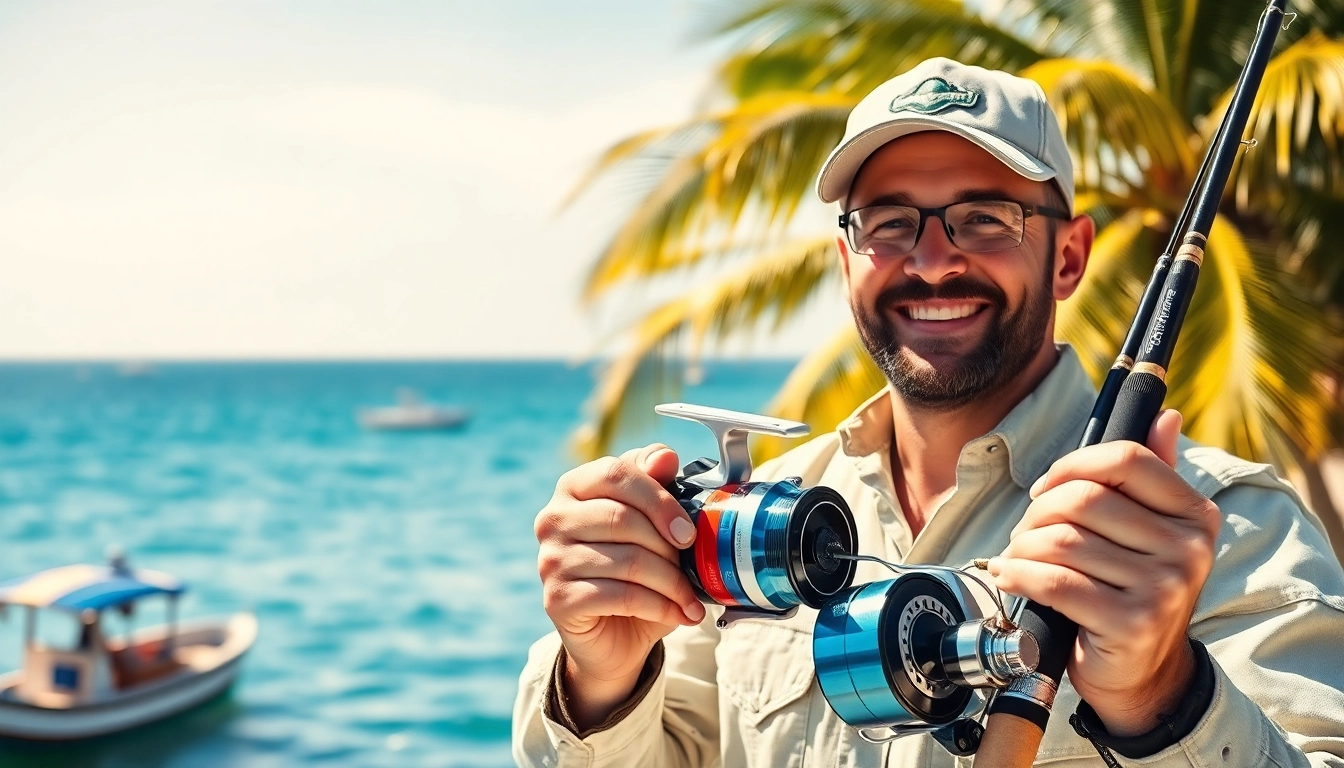 Showcasing fishing gear for Cabo with a happy fisherman in a vibrant coastal setting.