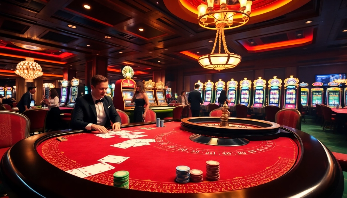 Scène excitante au meilleur casino en ligne avec des machines à sous vibrantes et des joueurs enthousiastes engagés dans des jeux.