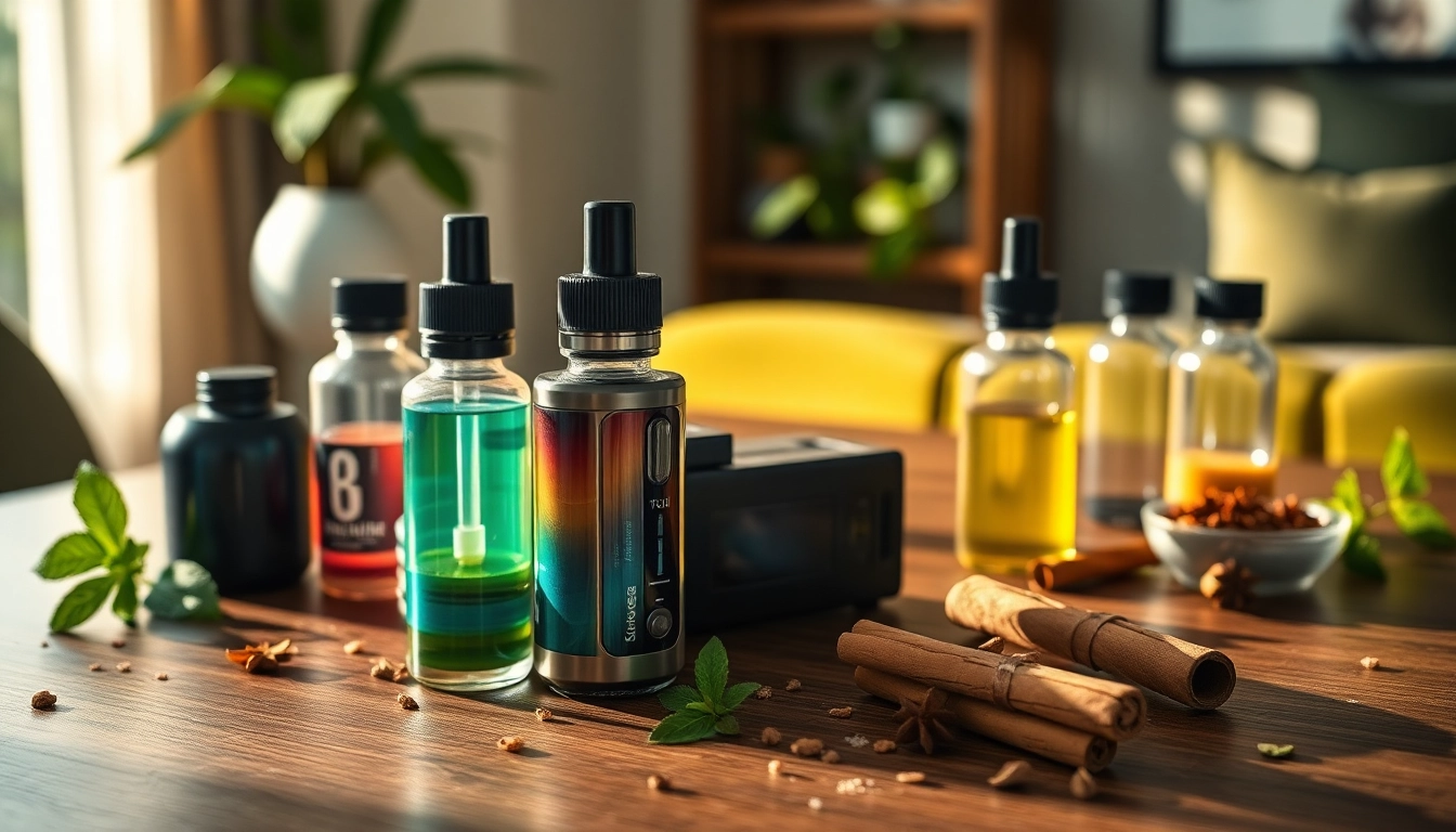 Vape-Gerät und bunte E-Liquid-Flaschen auf einem Tisch, umgeben von Kräutern.