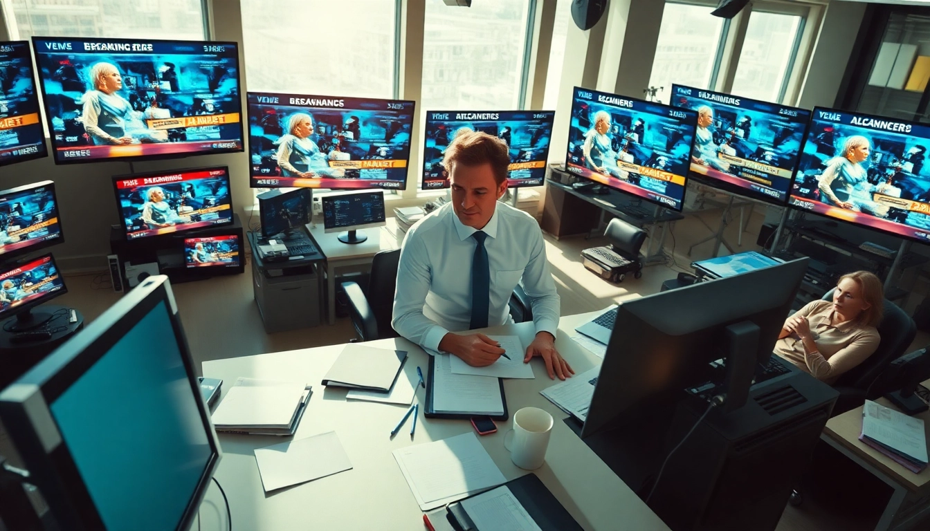 Covering news updates in a vibrant newsroom filled with breaking alerts and energy.
