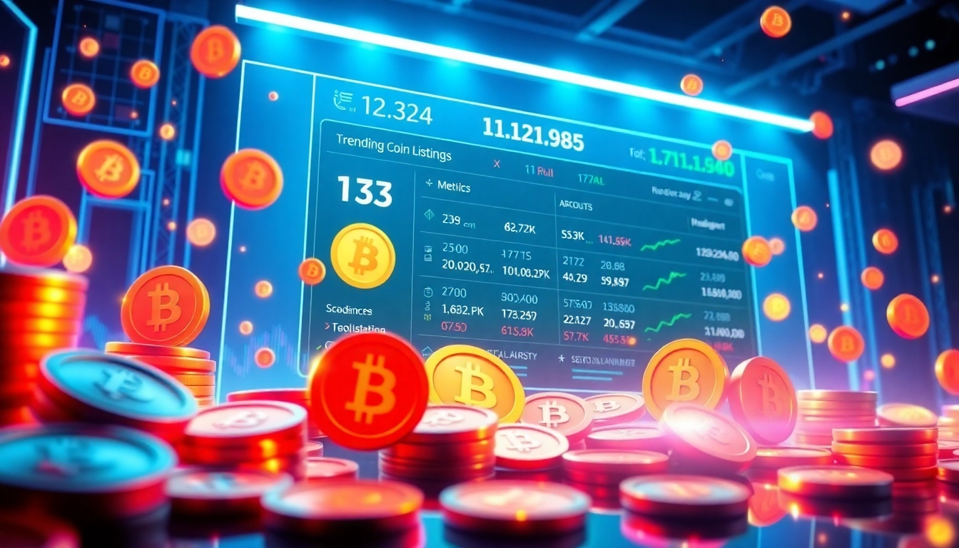 Explore trending coins listing with animated cryptocurrency icons and an interactive interface.