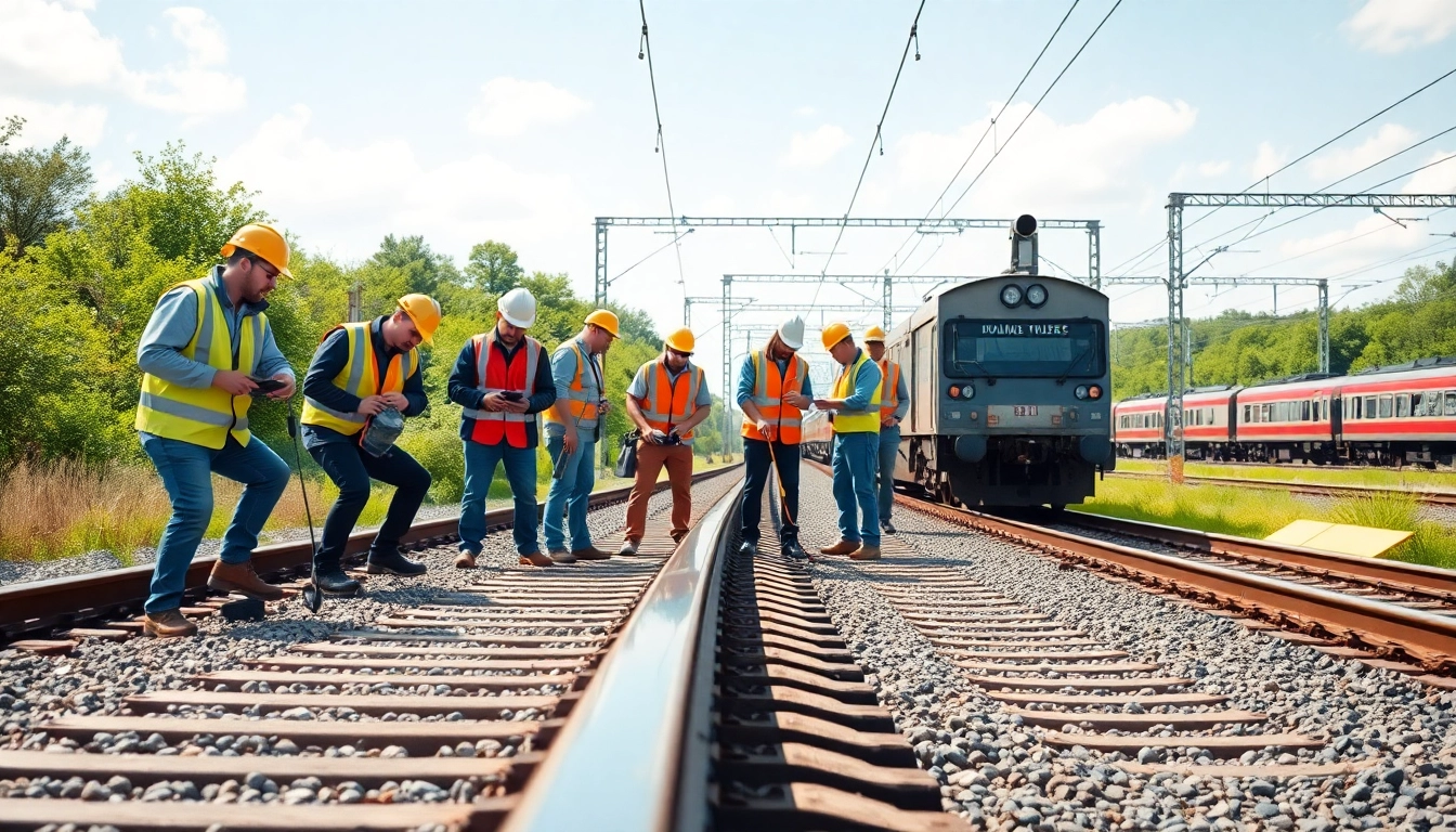 Railroa Maintenance Services team inspecting train tracks with advanced tools and safety gear.