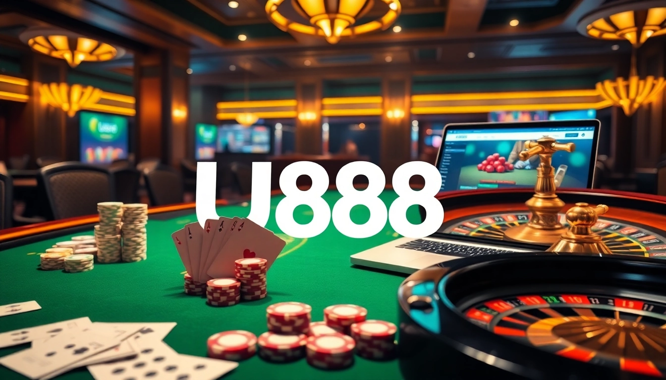 Experience the thrill of U888 at a luxurious casino table with vibrant lights, cards, and chips.