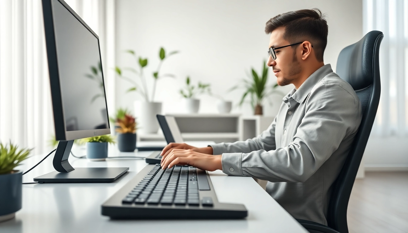 Optimize productivity at the typing center with a modern workstation and focused individual.