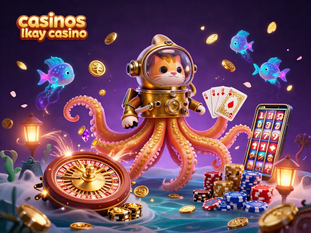 Experience the thrill of casinos like yay casino with a vibrant scene featuring a kraken, diving cat, and stunning casino elements.
