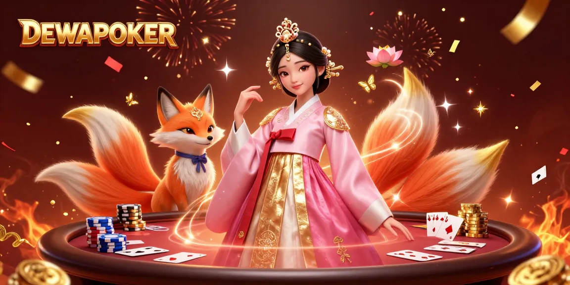 DewaPoker hosts an exciting scene of poker play with an elegant Asian woman and a lucky fox in a festive atmosphere.
