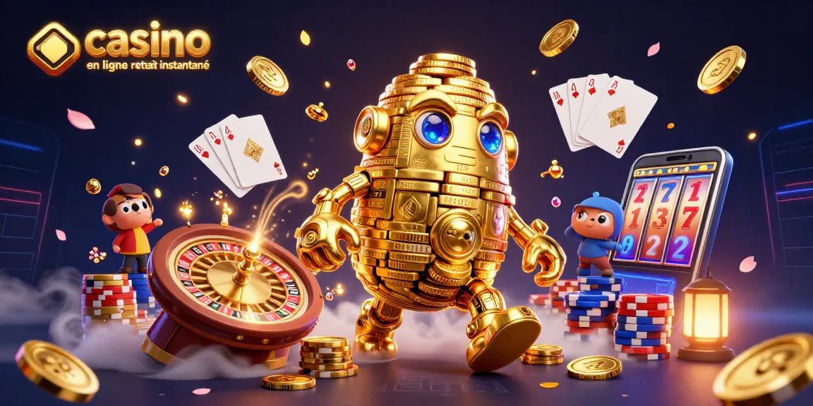 Retirez vos gains instantanément avec un casino en ligne retrait instantané, illustré par un golem doré joyeux.
