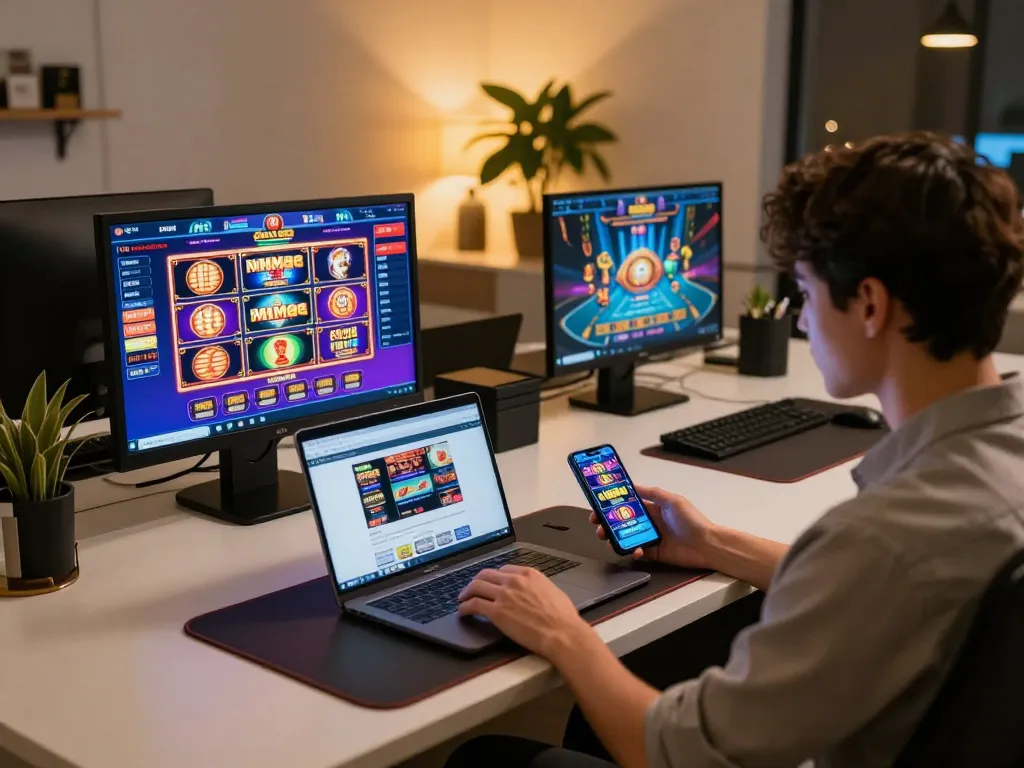 Person engaging with Nhà cái MM88 online gaming setup, showcasing poker and slot screens in a cozy environment.