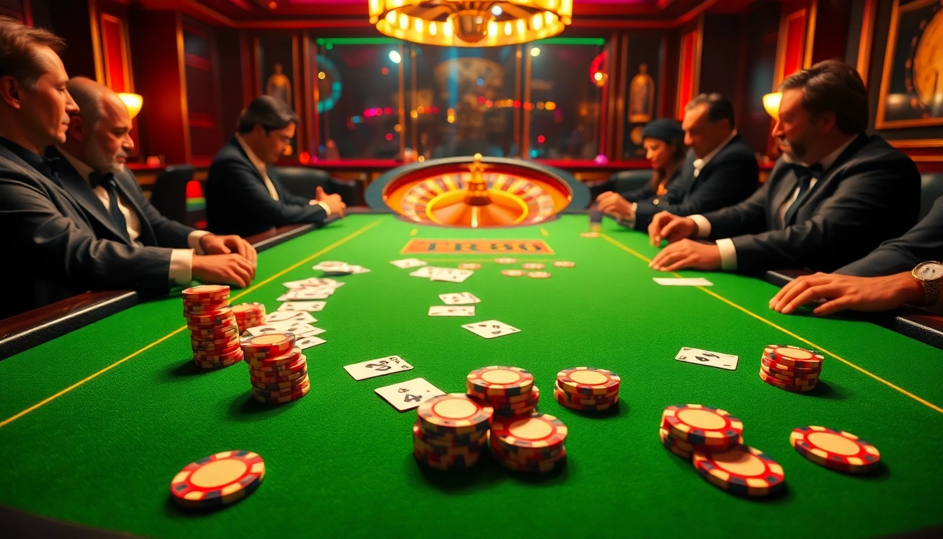 Players at a luxurious poker table experience thrilling moments in casino gambling, inspired by TR88.