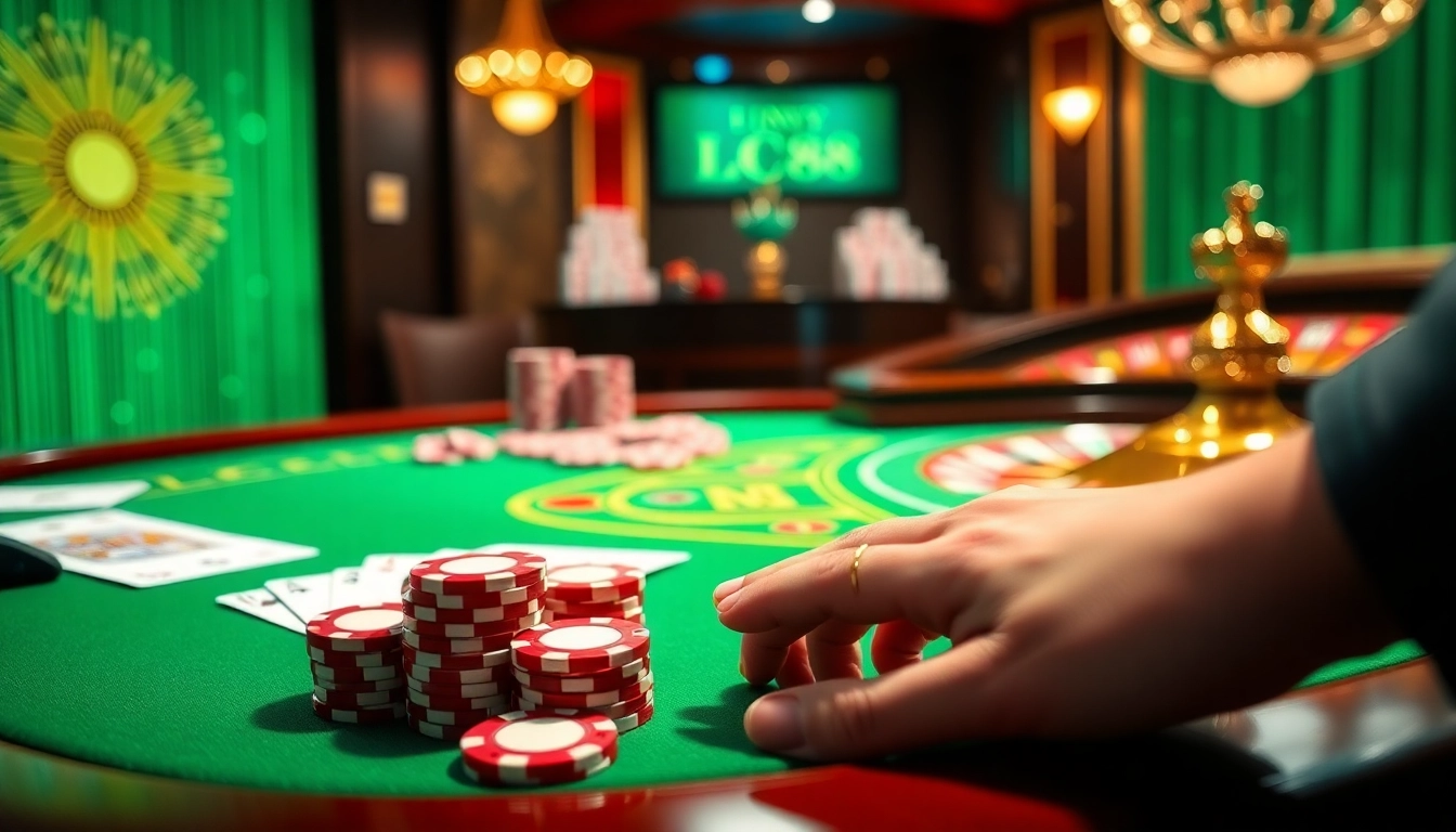 Exciting gambling action at LC88 with vibrant casino elements and a roulette wheel.