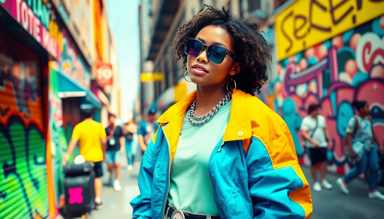 Diverse fashion model in urban setting, showcasing vibrant fashion styles.