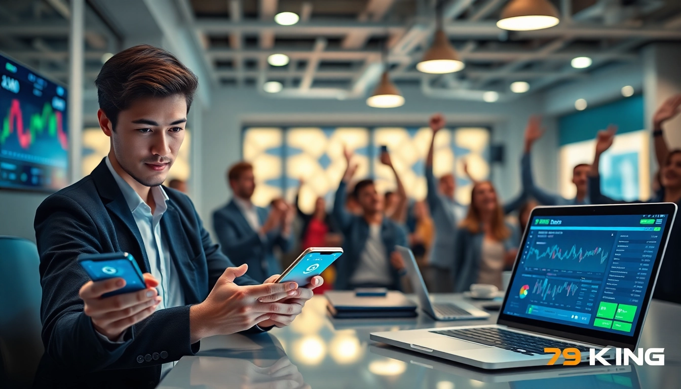 Modern digital betting platform with 79king branding, featuring smartphones and laptops with high-tech interfaces, emphasizing trust and innovation in online betting in 2025.